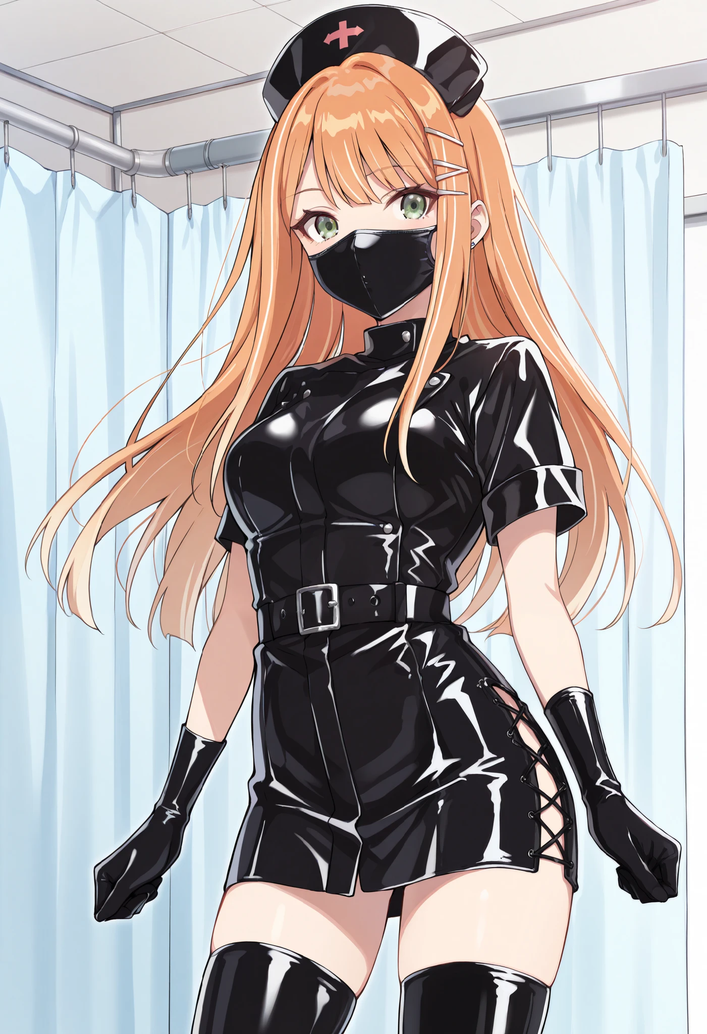 Score_9, score_8_up, score_7_up, source_anime, 1girl, shiun sumika, green eyes, long hair, jewelry, orange hair, hairclip, medium breasts, enamel leather dark nurse, latex dress, black latex gloves, black latex legwear, latex, latex skirt, (best quality), (high quality), {masterpiece}, extremely delicate and beautiful, ultra-detailed, beautiful detailed eyes, nurse, nurse hat, ((black nurse's outfit)), surgery room, black rubbermask, mask, mouth mask, standing