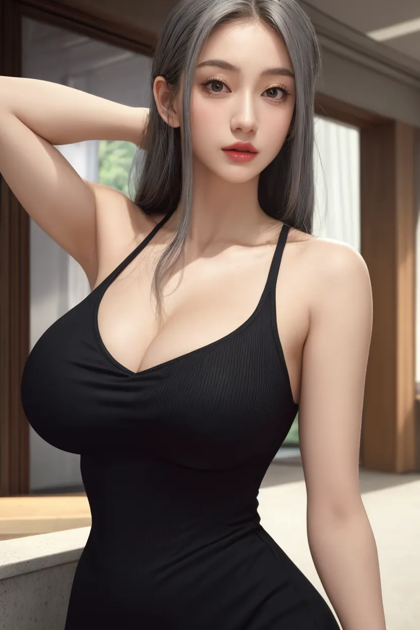 masterpiece, best quality,close-up,1girl, solo, black hair, teardropshaped earrings, looking to the side, realistic, upper body, simple background, bangs, looking away, long straight black hair, parted lips, choker, makeup, mole, (white tank top:1.3), red eyes, tifa lockhart, (huge breasts:1.5) enormous droopy breasts, macromastia, cleavage, exposed stomach, toned abs, toned arms, black miniskirt