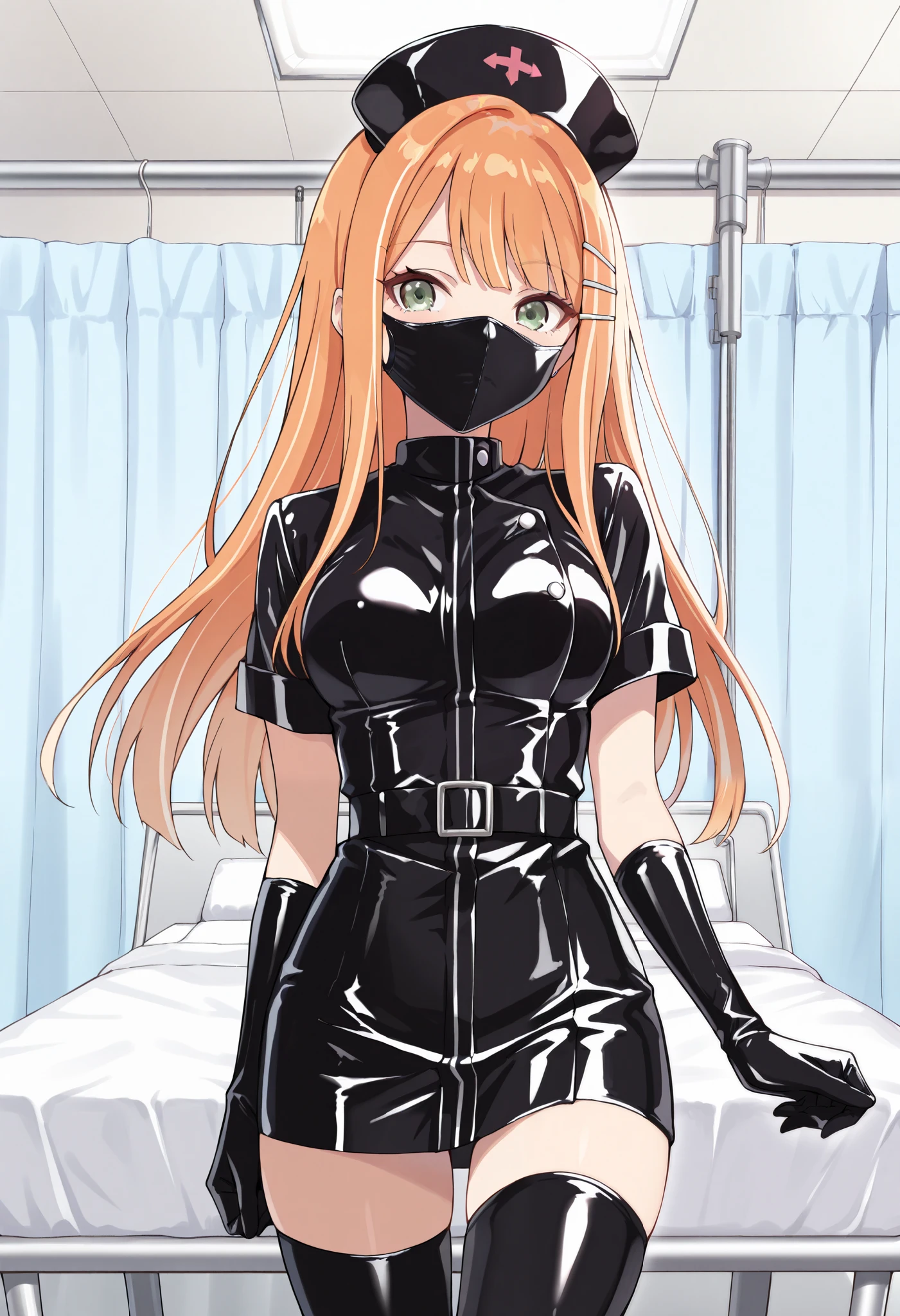 Score_9, score_8_up, score_7_up, source_anime, 1girl, shiun sumika, green eyes, long hair, jewelry, orange hair, hairclip, medium breasts, enamel leather dark nurse, latex dress, black latex gloves, black latex legwear, latex, latex skirt, (best quality), (high quality), {masterpiece}, extremely delicate and beautiful, ultra-detailed, beautiful detailed eyes, nurse, nurse hat, ((black nurse's outfit)), surgery room, black rubbermask, mask, mouth mask, standing