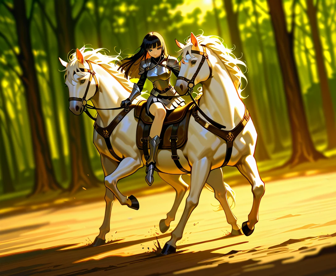  (masterpiece:1.3), (8K, best quality:1.3),, Highest image quality, intricate details, high resolution, depth field, Natural light, professional lighting, motion blur background, BREAK, kisyu, riding, horse, both hand holding rein, (a female knight riding a horse intense horseback riding chase in the forest, ((( kjosakuya, pink eyes, hime cut, long hair, {black hair}, medium breast, head turn around, grit teeth]), (silver armor, silver shoulder pads, white miniskirt, gauntlet, gloves, bare legs, silver greaves)), ([white horse:1.2, white mane, long mane, black eyes, white tail, saddle, reins, bridle, stirrups, running), BREAK (forest), BREAK solo, FULL BODY, anatomically correct