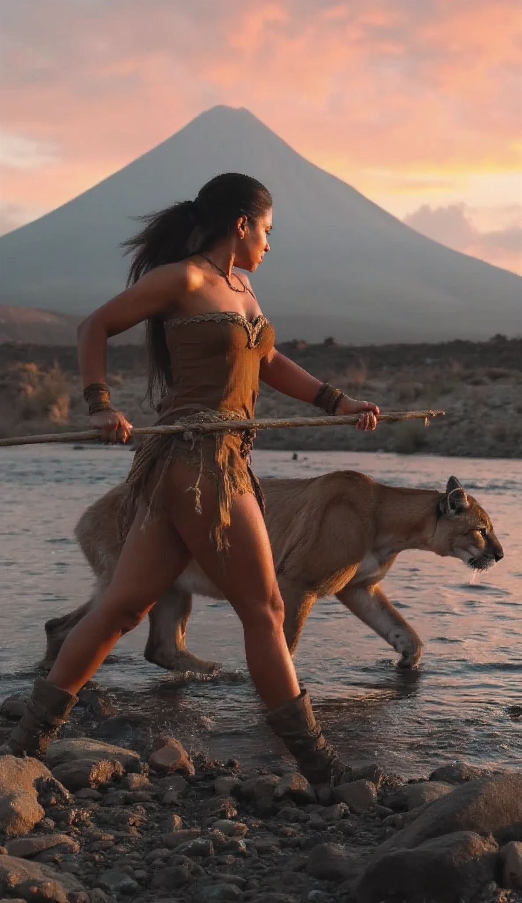 HYPERREALISTIC PHOTOGRAPHY, SPONTANEOUS PORTRAIT, OF A PREHISTORIC, AMERICAN, WILD, INDOMITABLE MATURE WARRIOR WOMAN, WITH A ROBUST, MUSCULAR BODY, THICK LEGS, WIDE HIPS, BEAUTIFUL WAIST, WALKING ALONG THE EDGE OF A MOUNTAIN RIVER, IN HER HAND HER WARRIOR'S LANCE, NEXT TO HER WALKS A MOUNTAIN PUMA, HER FACE A WARRIOR'S EXPRESSION, IN THE BACKGROUND A VOLCANO ERUPTING AT SUNSET, SHE IS DRESSED IN RUSTIC CLOTHING MADE WITH SKINS AND ROPES ADJUSTED TO HER WARRIOR FIGURE, HIGHLIGHTING HER WELL-DEFINED CURVES AND MUSCLES, WITH AN EPIC ATMOSPHERE, PHOTOGRAPH TAKEN WITH A NIKON Z9 CAMERA, LENS NIKOM 50MM F11, AMBIENT LIGHTING, LIGHT CONTRAST (A LOT OF CONTRAST BETWEEN WARM AND COLD LIGHT), COMPOSITION FOLLOWS THE RULE OF THIRDS, DECREASING SCALE PERSPECTIVE WITH GEOMETRIC PERSPECTIVE, REALISTIC AND NATURAL SKIN TEXTURE, HIGH RESOLUTION, HD, 8K (MAXIMUM SHARPNESS), VERY SHARP AND DETAILED EYES (PERFECT, WELL-DEFINED HANDS AND FINGERS) --chaos50, --cw50, --s500