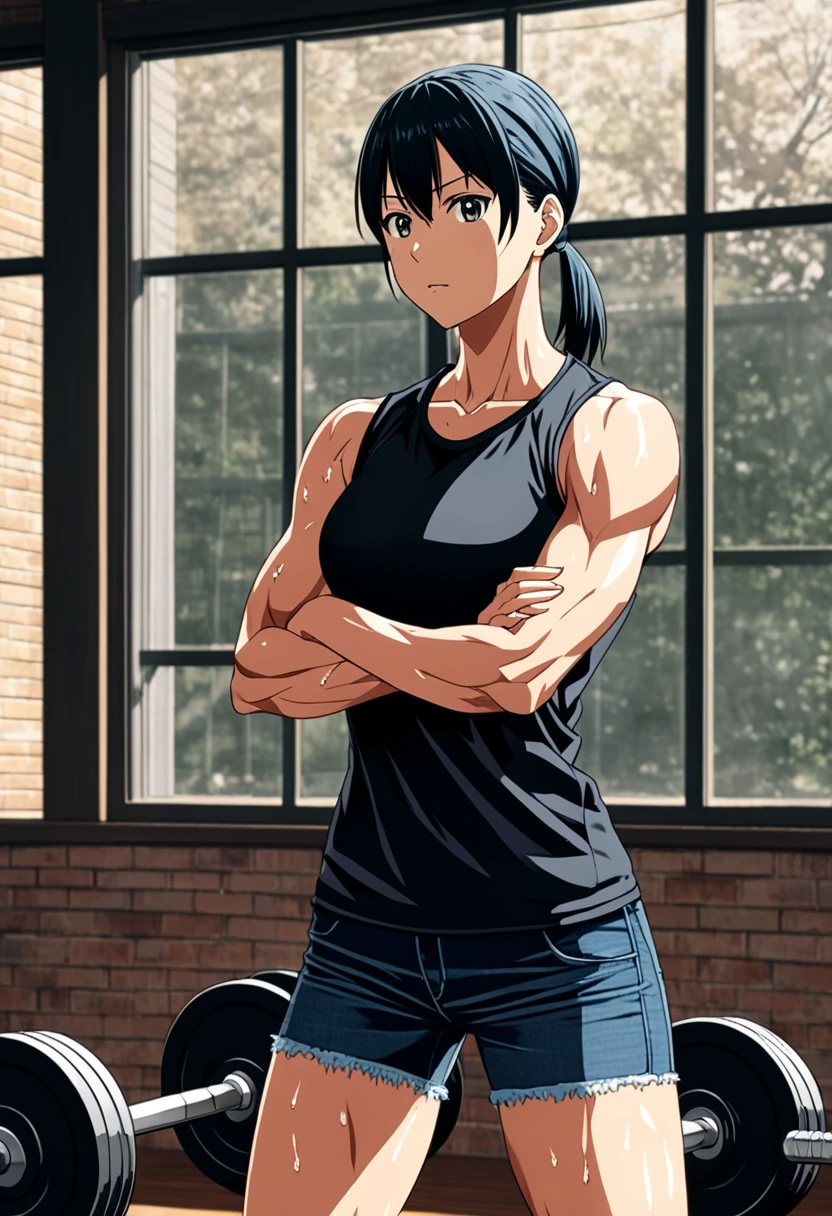 Close-up of a man with short brown hair, blue eyed man, bob cut, classic men, Made at Anime Painter Studio, clothing:black tank top, male romance, anime style, muscular man, masculine and muscular, tall, high school boy,, wore denim shorts, Are standing, tank top with an black, anime dick!!!!, bare shoulders, bare arms,