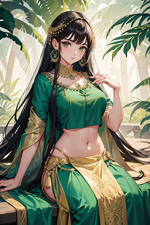 Sultana, 16-year-old woman, messy black hair with hummingbird feather decorations, green eyes, green Arabic clothing, dark green vest with green hummingbird prints with feathers, silver belt, dark green pants, hummingbird feather pendant with symbol Arab with emerald gems, gold rings on both. hands complexion slim palace background