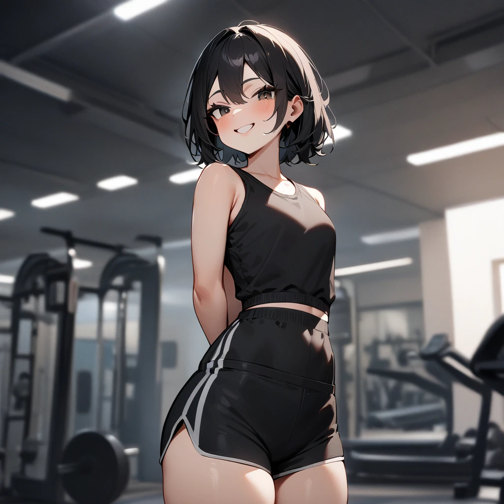masterpiece, best quality, 1girl, (black hair, long hair, twintails:1.2) brown eyes, cute, gym, (tight gym shorts, tight gym tank top:1.4), (slim waist, curvy, thick thighs, wide hips:1.1)