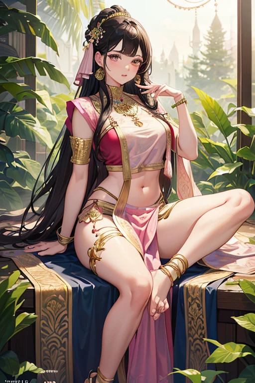 ((highest quality)), ((masterpiece)), 3D, 4K, Beautiful girl in Chinese emperor's costume, sit on the golden throne, eastern architecture, (((No panties))), (((No bra)))