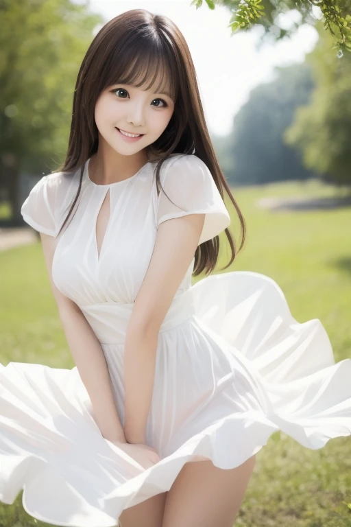 8K Super Resolution、Beauty、One Woman、黒茶colorの髪:1.1、Highly detailed face、Detailed lips、important、(Eyes meet)、double eyelid、Princess Eyes、 Beautiful Japanese Women、Beautiful Japanese Girl、 Sensual lips、Bewitching body、Bust size 82、Life-size 8、The left and right sides are well balanced, facing forward, and standing in a natural and stimulating pose、20th Generation、(20-year-old)、sense of distance、Your smile is cute、Wearing a white dress、Hair blowing in the wind、important(The detailed numbers and shapes of hands)、Clear images、The delicate shine of the eyes、Ultra-realistic and detailed background with forest、Light is coming from behind at an angle to the left、color々Hair style、Beautiful breasts、Smiling with a nice smile、