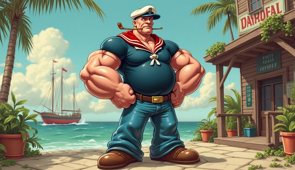 a muscular sailor, strong and powerful, wearing a black outfit, disproportionately large arms, muscular arms, sailor cap, smoking cigar, cinematic lighting, dramatic shadows, photorealistic, highly detailed, hyper realistic, 8k, masterpiece