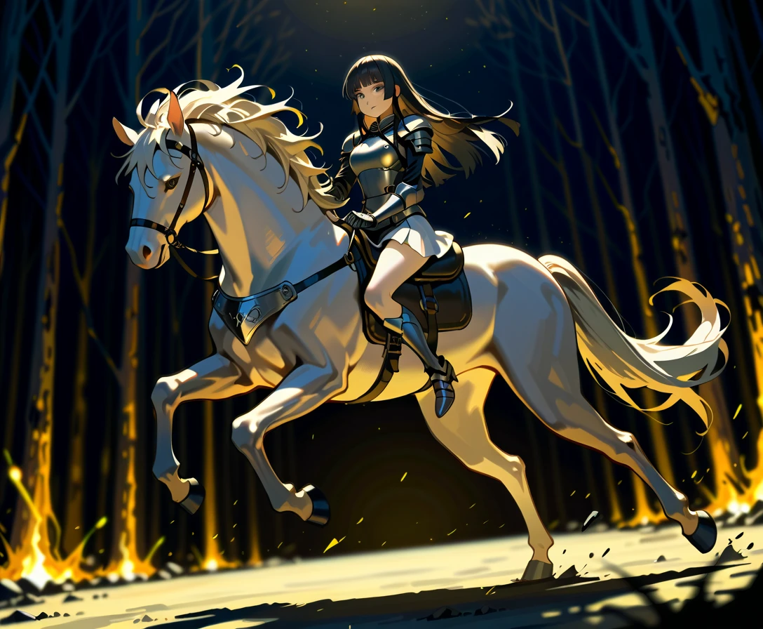  (masterpiece:1.3), (8K, best quality:1.3),, Highest image quality, intricate details, high resolution, depth field, Natural light, professional lighting, motion blur background, BREAK, kisyu, riding, horse, both hand holding rein, (a female knight riding a horse intense horseback riding chase in the forest, ((( kjosakuya, pink eyes, hime cut, long hair, {black hair}, medium breast, head turn around, grit teeth]), (silver armor, silver shoulder pads, white miniskirt, gauntlet, gloves, bare legs, silver greaves)), ([white horse:1.2, white mane, long mane, black eyes, white tail, saddle, reins, bridle, stirrups, running), BREAK (forest), BREAK solo, FULL BODY, anatomically correct