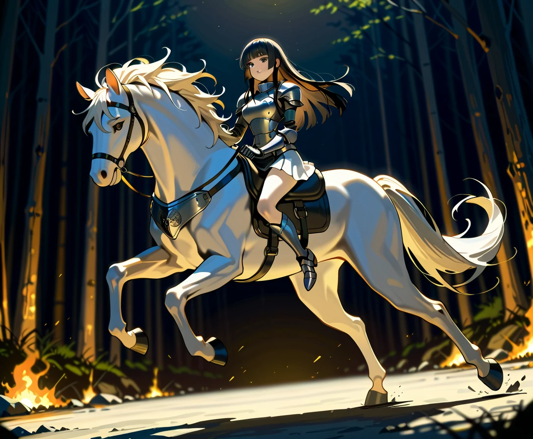  (masterpiece:1.3), (8K, best quality:1.3),, Highest image quality, intricate details, high resolution, depth field, Natural light, professional lighting, motion blur background, BREAK, kisyu, riding, horse, both hand holding rein, (a female knight riding a horse intense horseback riding chase in the forest, ((( kjosakuya, pink eyes, hime cut, long hair, {black hair}, medium breast, head turn around, grit teeth]), (silver armor, silver shoulder pads, white miniskirt, gauntlet, gloves, bare legs, silver greaves)), ([white horse:1.2, white mane, long mane, black eyes, white tail, saddle, reins, bridle, stirrups, running), BREAK (forest), BREAK solo, FULL BODY, anatomically correct