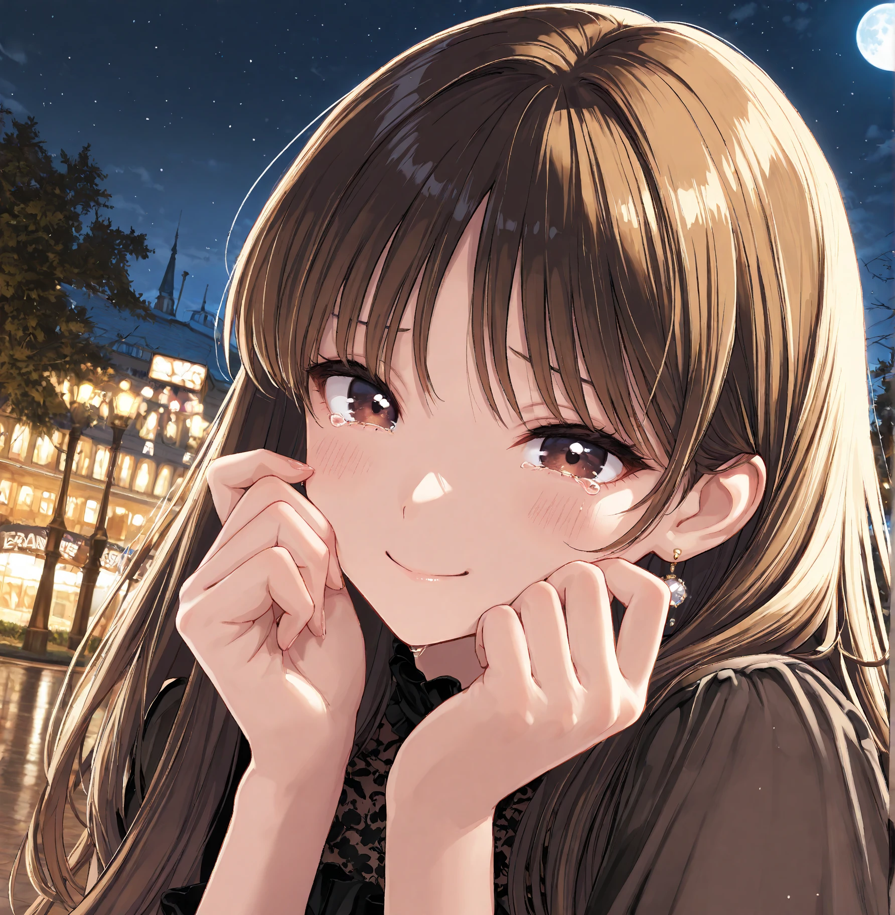 girl.Her hair is brown.Beautiful eyes.Hazel eyes.At night time.
Brown flowing hair. I grow..happy.Quiet.Smile