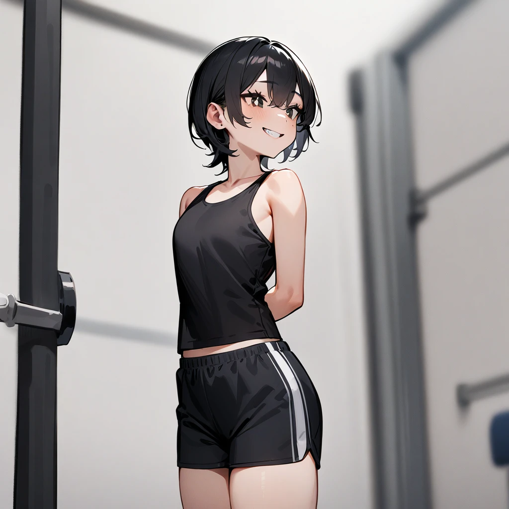 Cute slender high school girl, mma gym, being punched in her belly, pained expression, clenching her teeth to endure, just a few muscle sinews visible, short black hair, small breasts, tank top, short shorts
