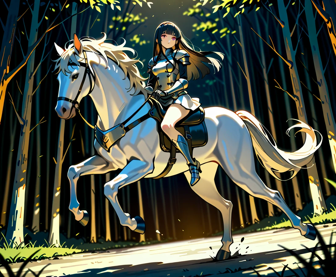  (masterpiece:1.3), (8K, best quality:1.3),, Highest image quality, intricate details, high resolution, depth field, Natural light, professional lighting, motion blur background, BREAK, kisyu, riding, horse, both hand holding rein, (a female knight riding a horse intense horseback riding chase in the forest, ((( kjosakuya, pink eyes, hime cut, long hair, {black hair}, medium breast, head turn around, grit teeth]), (silver armor, silver shoulder pads, white miniskirt, gauntlet, gloves, bare legs, silver greaves)), ([white horse:1.2, white mane, long mane, black eyes, white tail, saddle, reins, bridle, stirrups, running), BREAK (forest), BREAK solo, FULL BODY, anatomically correct
