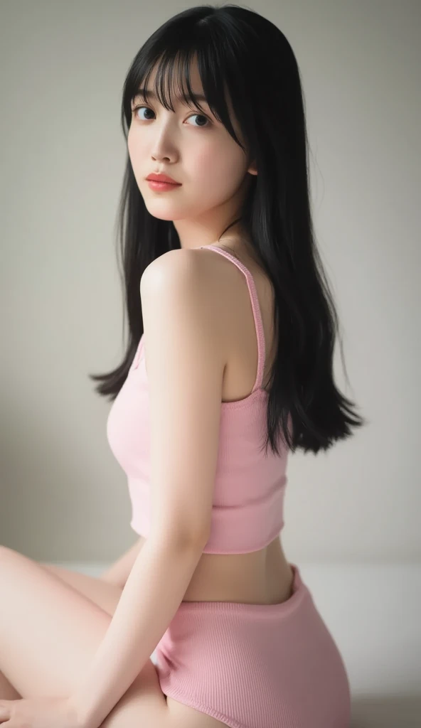 close-up of beautiful South Korean female, very long hair, black hair, straight hair, thick flat bangs cut, bust size 34 inches, wearing a tight pink strapless tube top, wearing tight dark blue short legging pants, my hair being held by a male kidnapper, then my hair was forcibly cut short by the kidnapper vigorously, the rest of my hair scattered on the floor, sexy pose, naughty pose, at a male-only barbershop, UHD