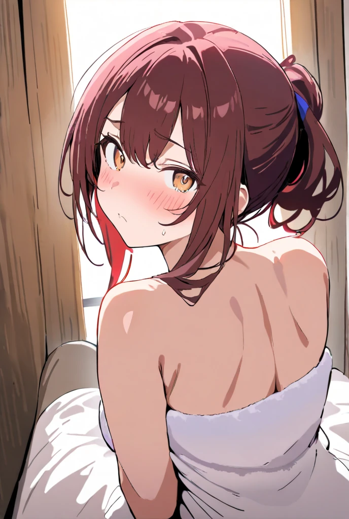 Girl with brown hair, short pigtails, bangs, red wool hat, brown eyes, nude, big
