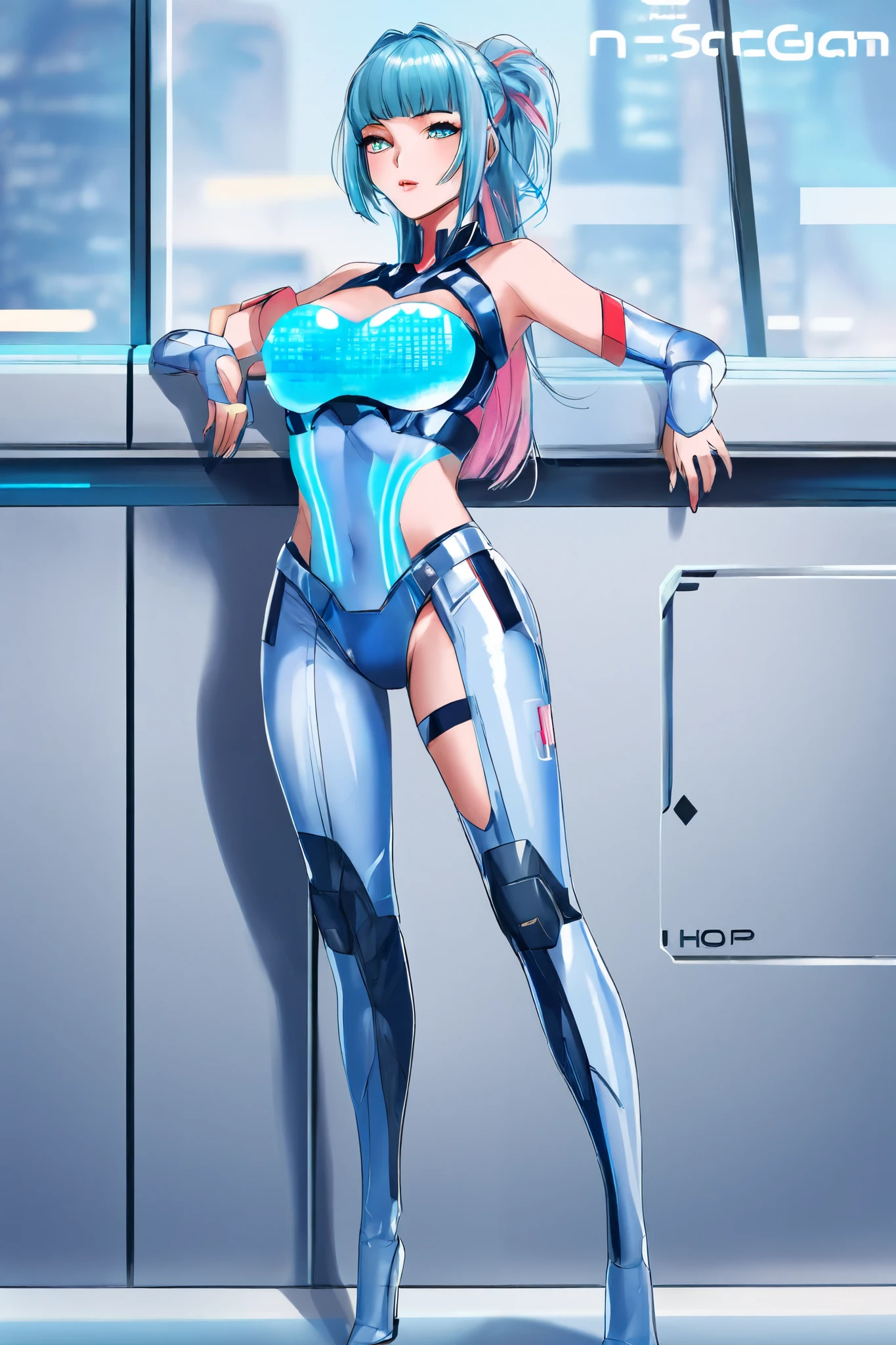 View from below angle from below girl mecha half cyborg, modifications, She has a curvy figure but a narrow waist., she has long blue hair, with blue eyes, with a gas mask on his face, cybernetic suit blue, costume parts with blue lights and LEDs, a multitude of glowing blue lines and lights, hands prosthetics, gorgeous body, short sports shorts that highlight her big wide hips, but it is covered by a mechanical suit, flat horizon photo, anime style pictures, на backgroundе изображения синее небо, clouds and lights and glare in large quantities, and also blue fog and smoke , background: blue sky with clouds