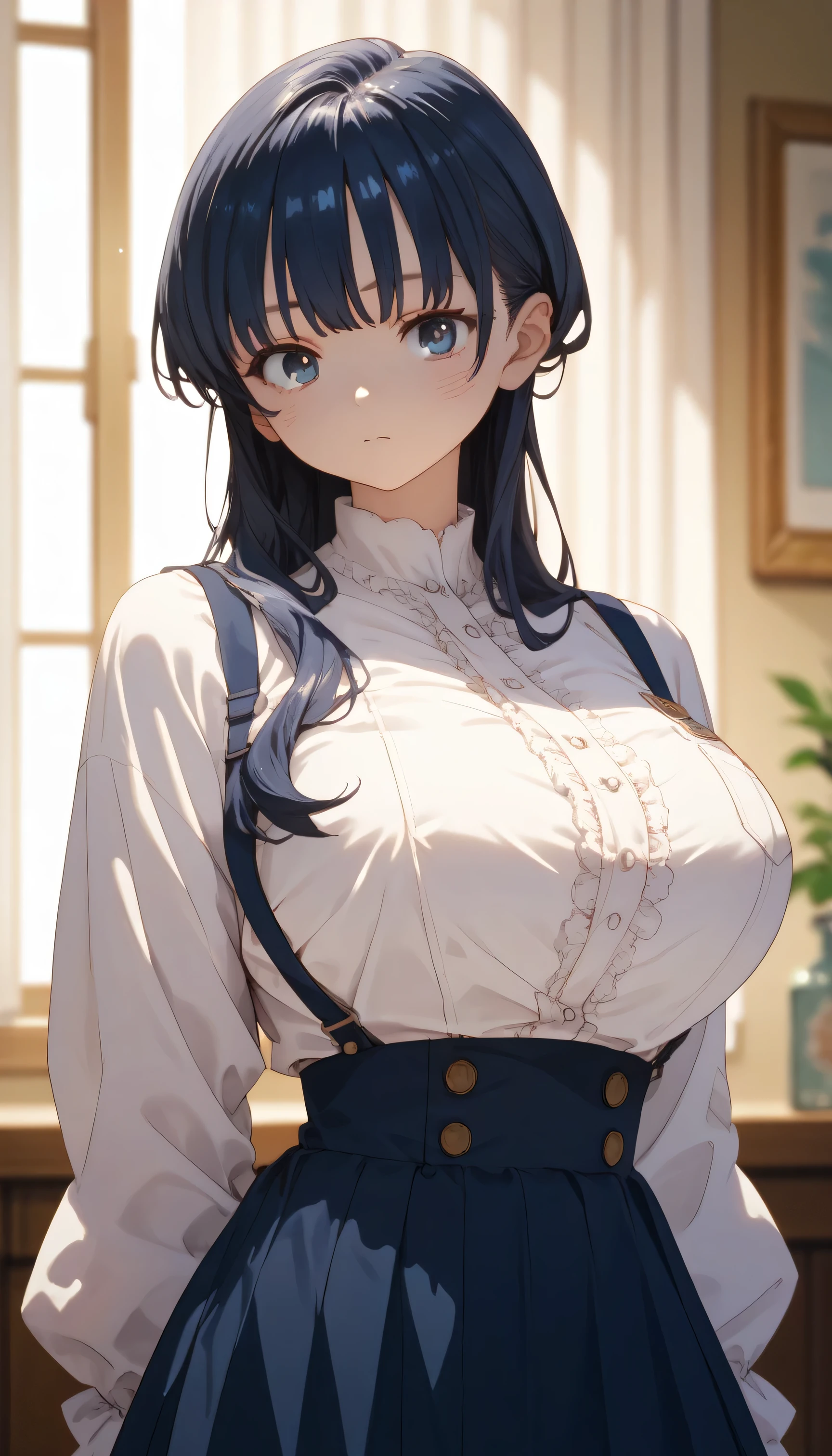 (look down, shoot from below:1.2), (masterpiece, highest quality, Detailed details, 16k:1.1), (Big breasts that are about to burst), blush all over the face, Are crying, embarrassing, bite your lower lip, white skin, sweaty skin, camisole, indoor, Bedroom