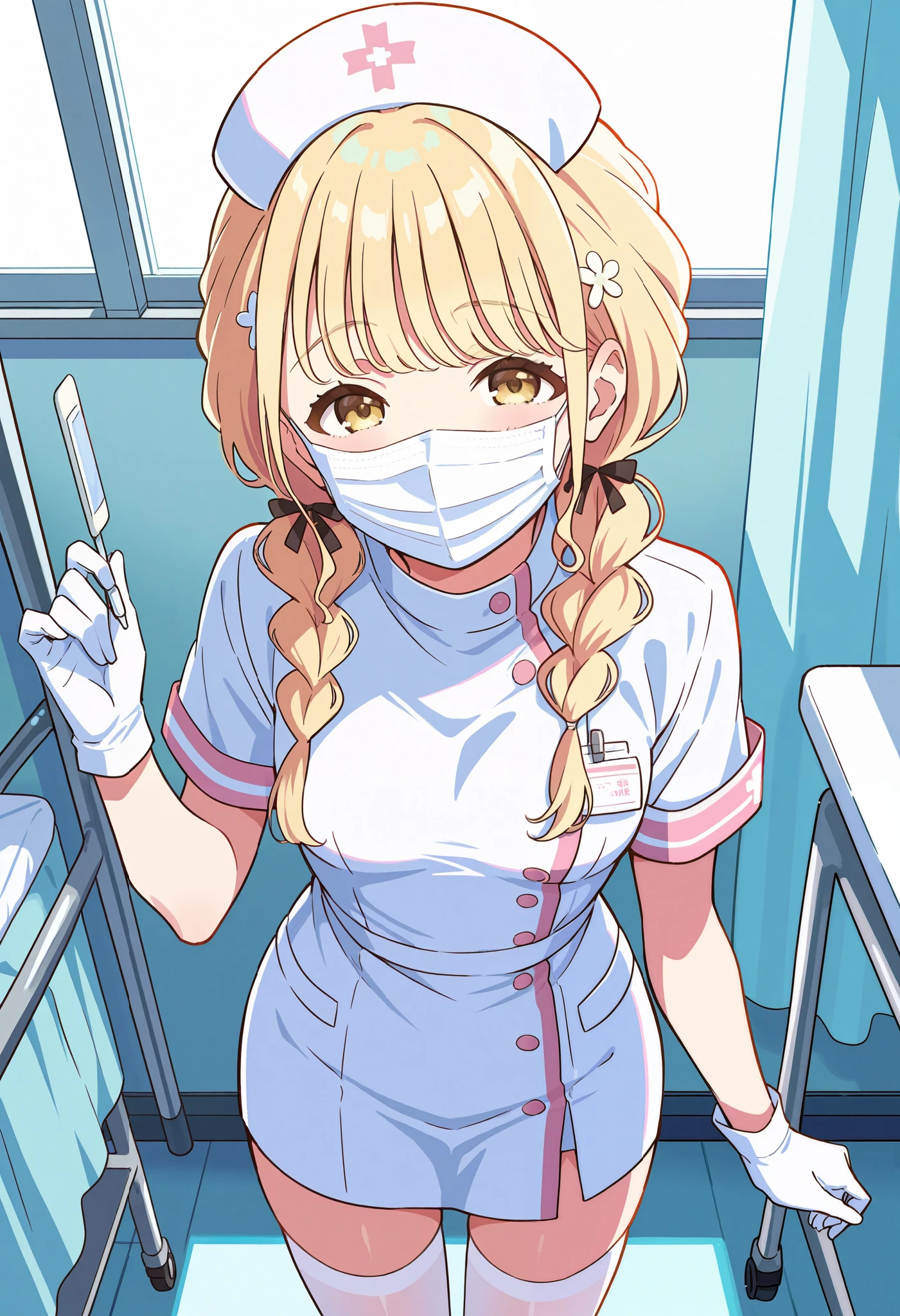 Score_9, score_8_up, score_7_up, source_anime, 1girl, fujita kotone, twin braids, blonde hair, hair ornament, bangs, yellow eyes, small breasts, (best quality), (high quality), {masterpiece}, extremely delicate and beautiful, ultra-detailed, beautiful detailed eyes, nurse, nurse hat, ((white nurse's outfit)), white gloves, white thighhighs, hospital room, ((white mask, mouth mask, covered nose)), standing
