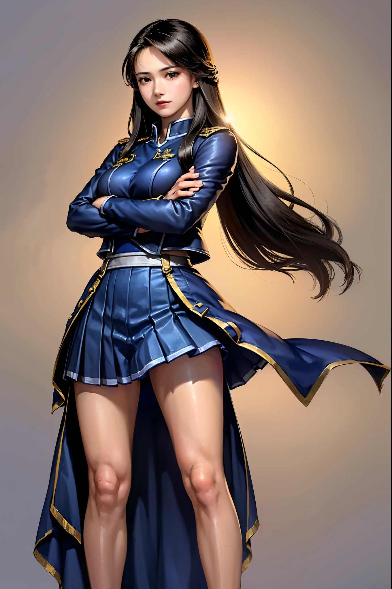 ((((A woman in a blue military uniform,military,pleated skirt,mini skirt,simple background,Confident Expression, long straight hair, Arms crossed pose, standing with legs open)))),1 woman,is standing with her hands on her hips,3/4 shots,highly detailed facial and skin textures, perfect beauty : 1.4, fine grain,double eyelids, Whitening,completely complete, cute and symmetrical face, shiny skin, (long hair:1.8, black hair),Symmetrical bangs, Split bang, long lashes, beautiful hair, beautiful face, beautiful detailed eyes, beautiful body, beautiful breasts, beautiful thighs, Beautiful Legs, beautiful fingers,Beautiful Armor,best quality,super high resolution