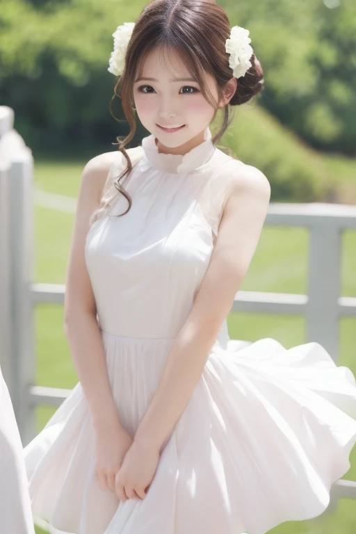 (8k, RAW photos, best quality, High resolution: 1.1), (surreal: 1.4), (realistic, realistic: 1.3), soft light, girl, realistic face, realistic body, realistic skin, absurd, masterpiece, (cute: 1.8), cute, solo, (: 1.2), detailed black eyes, innocent eyes, blush, (white wedding dress: 1.2), (dress conservatively), exposed shoulders, lace trim, garland, jewel crown, movie lights, film grain, jewelry, earring, medium hair: 1.1)), (floating hair nova frog style)), cherry lips, headband, hair bow, ponytail, viewer, long hair , open lips, upper teeth, (smiling eyes: 0.6), (grinning: 1.2), depth of field, blurred background, eye focus, bokeh, young, 85mm lens, f/1.4, professional lighting, young, photon mapping, radiosity, physically based rendering, braless