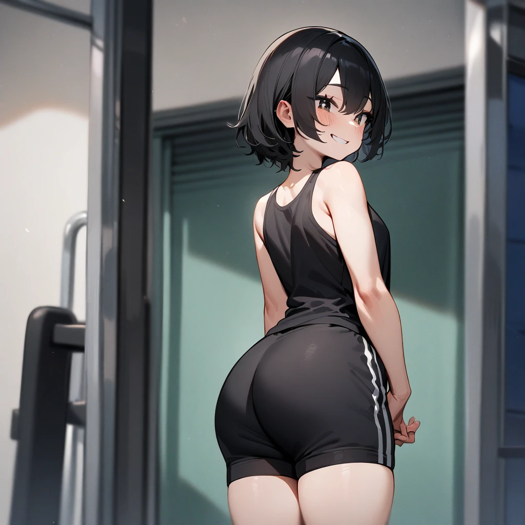 Young woman, dark eyes, black hair, small breasts, big butt, volleyball clothes, In a room of a house.