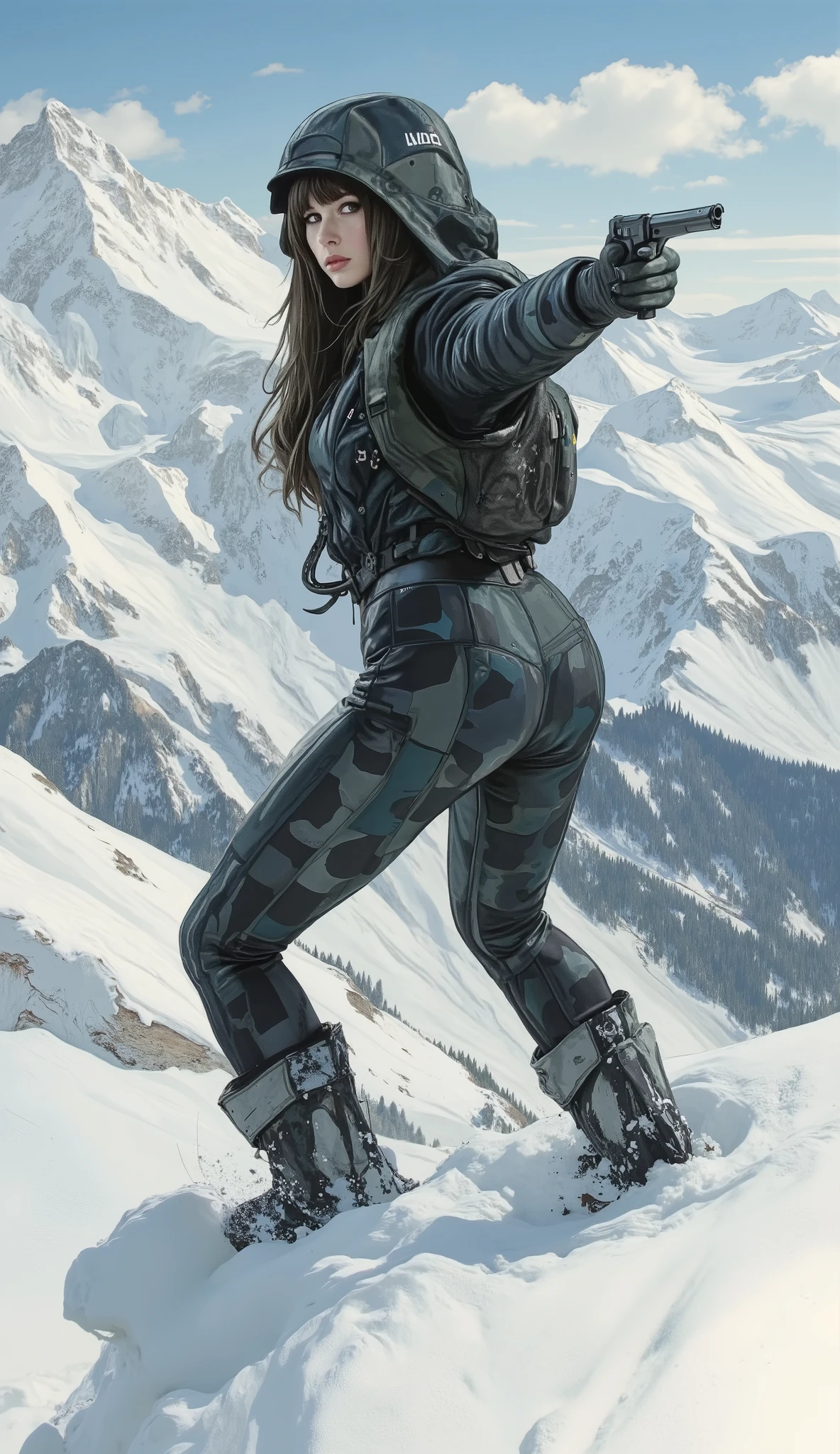Full body, unique beauty, amazing snow camouflage full body suit with black stripes, view from back snowboarding down hill on an alpine mountain, action pointing a weapon, a true villain for James Bond, watercolor or oil painting poster pin-up art nouveau style Drew Struzan movie poster style pinup poster, action movie ((James bond style)), style of smeglejj