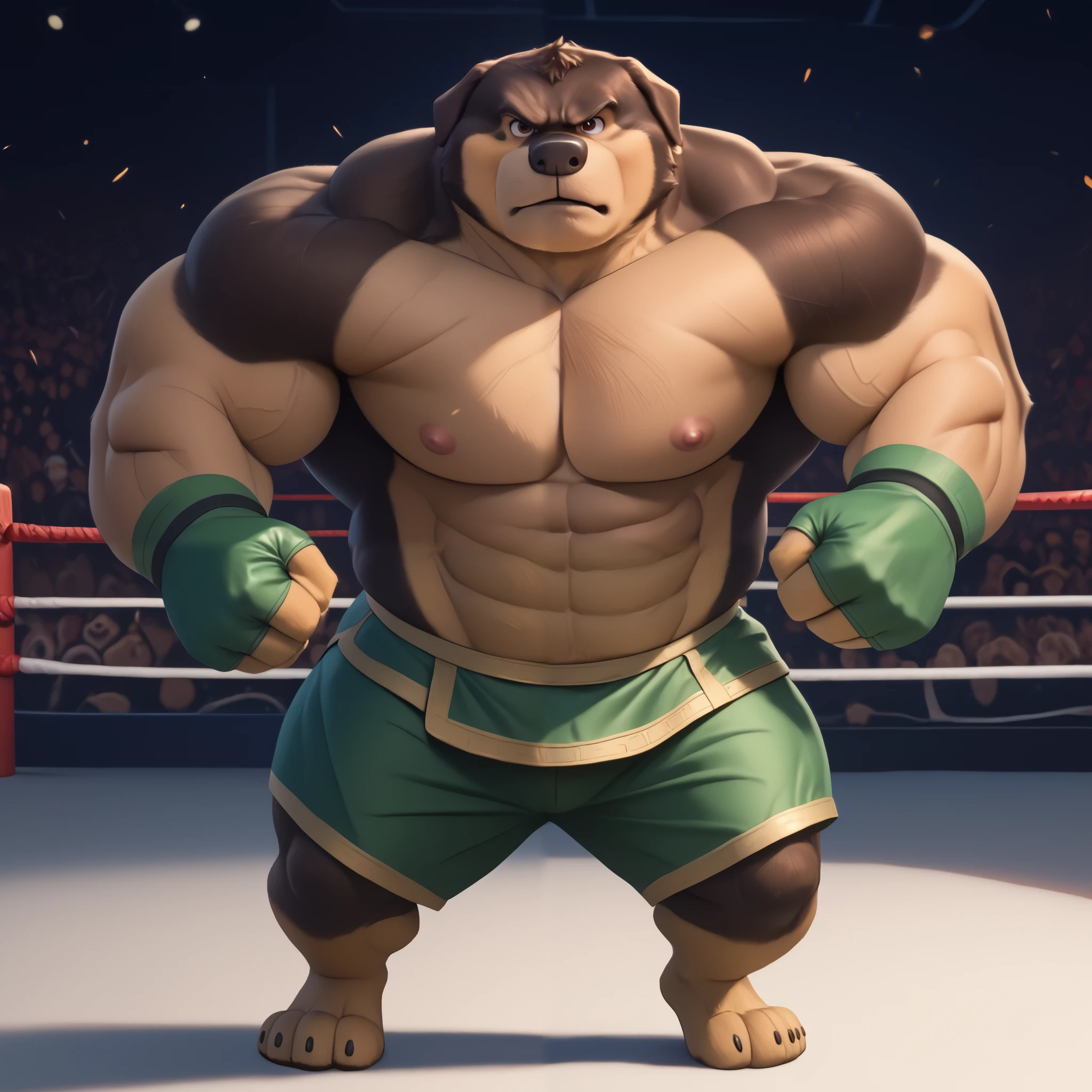 score_9, score_8_up, score_7_up, cartoon_style, ((by BodiPhant0m)), byBodiRDz, 4k, 8k, The best quality, very well drawn, detailed, high quality, detailed, 4k, high resolution, high quality, high resolution, Khampa, detailed, high quality, detailed, 4k, high resolution, high quality, high resolution, furry character, canine, 2d, solo, fighting arena background, rockdog, khampa, style rock dog, movie style, style[rockdog], rockdog, male, Tibetan mastiff, mastiff, dog boy, dog, khampa, Tibetan Mastiff with brown-and-tan fur with tan fur on his muzzle, hands, feet, black nose, brown eyes, middle aged, thick muscular, Height: 6'10", Weight: 358lbs, shirtless, wearing black MMA shorts with green colored slits, MMA fingerless gloves with green knuckle pads, fights,  