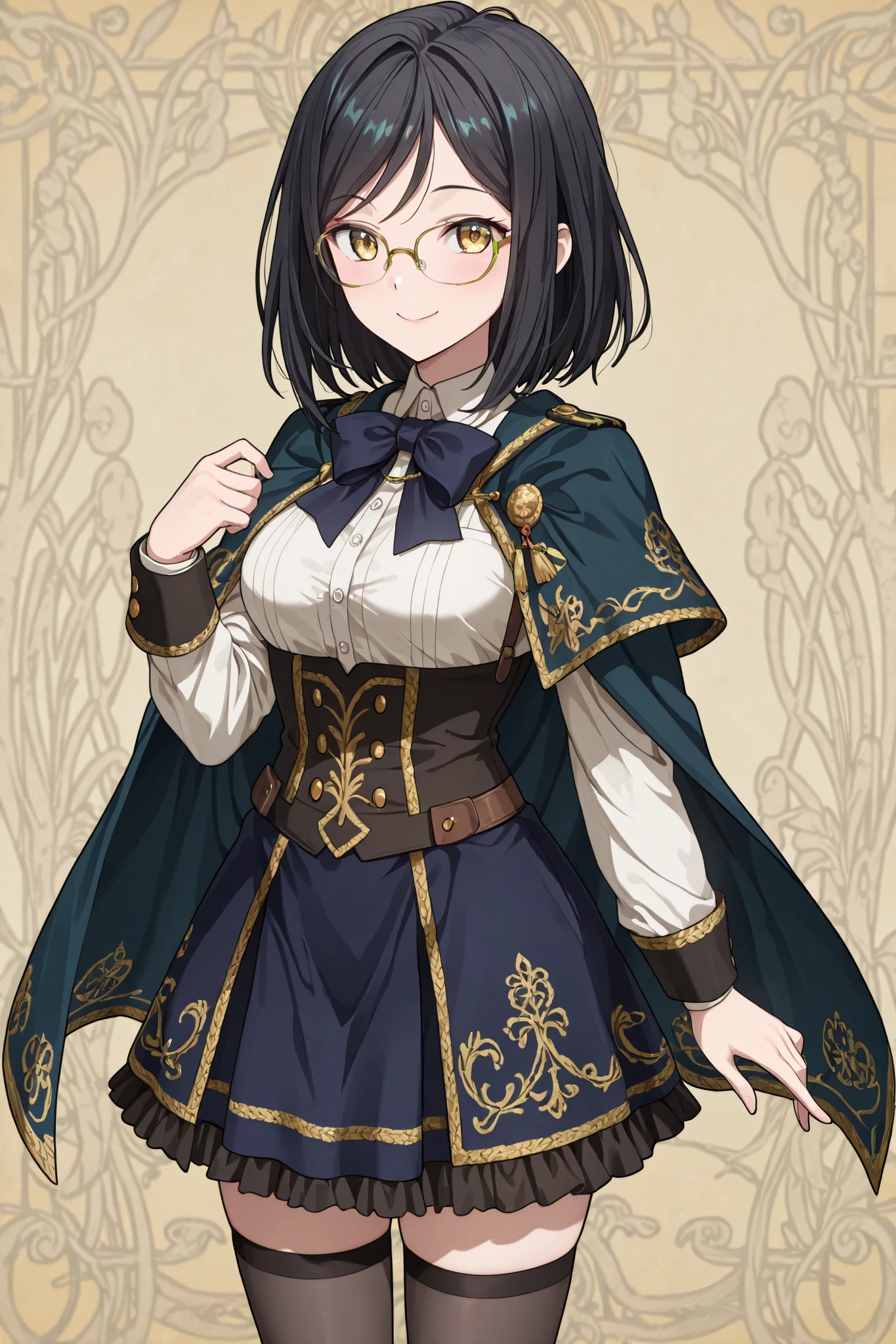 masterpiece, BEST QUALITY, 1 girl, enchanting smile, blue sky, Scenery, anime screencap,Elegant Poses , short black hair, Sophisticated Outfits, glasses,Navy and Gold Embroidered Cape, Matching Knee Length Skirt、Intricate Designed Knee Length Skirt, Fitted White Shirt、Dark Waist Cincher, Navy Bowtie , Warm Neutral Background,