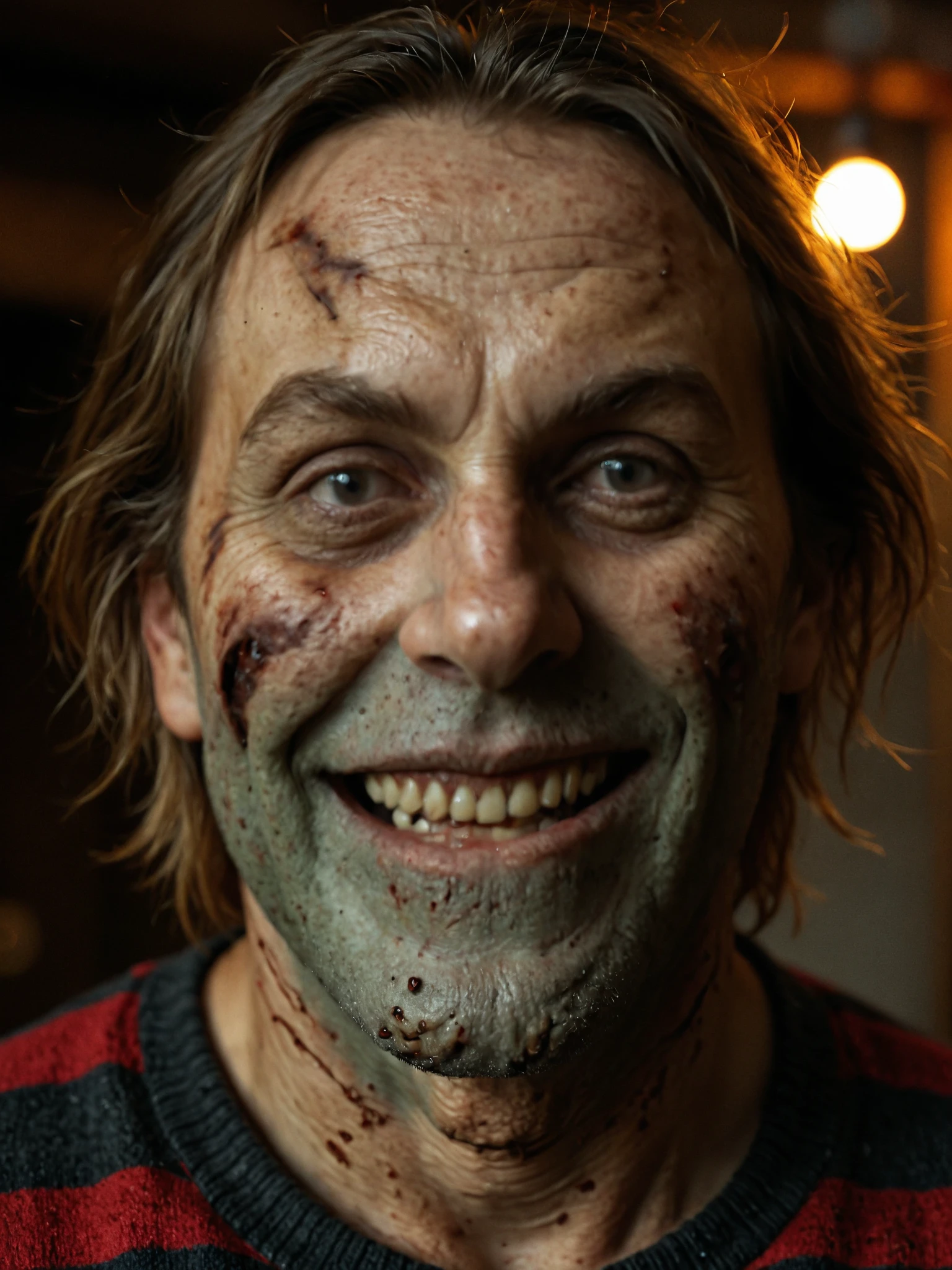 ((Decay skin)) Old zombie man, male, older male figure, ((skull face)), dreary, magnificent, at night, ((RAW photo, 4K, Realistic, Exquisitely Detailed Skin)), Masterpiece, Best quality, offcial art, Unity 8k wallpaper, Ultra detailed , (detaile zombie face), ((bloody mouth)), rincled skin, (decay skin), ((pealing off skin decay)), ((detailed skull under skin)), detailed decay skin, looking at the camera, ((grey long beard)), dirty red and black flannel shirt, old black cowboy hat, ((cowboy hat)), masterpiece, best quality, extremely detailed blind eyes, cinematic lightning, intricate detail, highres, official art, finely detailed face, high resolution illustration, 8k, depth of field, ((zombie)), short white hair qnd blind eyes, short white hair, detailed blind eyes, upper body, looking at viewer, old wooden porch, hillbilly stylr, redneck,(hillbilly), zombie decay skin, detailed face decay, decay, terror, ((skull decay face)) scary looking, extremely detailed eyes, extremely realistic photo, extreme terror, midnight moon, ((long white beard)), old zombie (bloody mouth), (smiling), big smile, teeth, smirking.