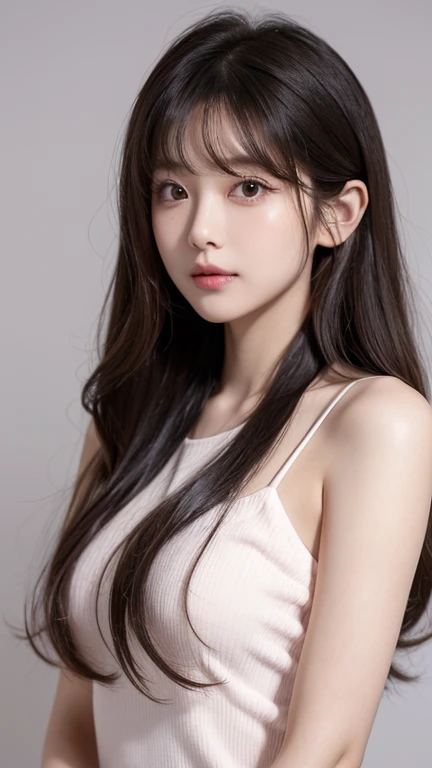 Bright pink background、highest quality、ultra high resolution、Beautiful woman、cute、alone、japanese woman。Full body shots、beautiful 15 year old student、high school girl、laughter。Beautiful big breasted young female model。bright look、photorealism、extraordinary beautiful girl、beautiful face、(face to face with the children)、shining white skin、light brown straight hair、thin hair、Attractive beautiful brown eyes、double eyelid、、fashionable girl。dark blue uniform skirt、The shoulders and collarbones are visible through the white shirt.。full body portrait。Healthy face。Skin Care Cosmetics、professional lighting。