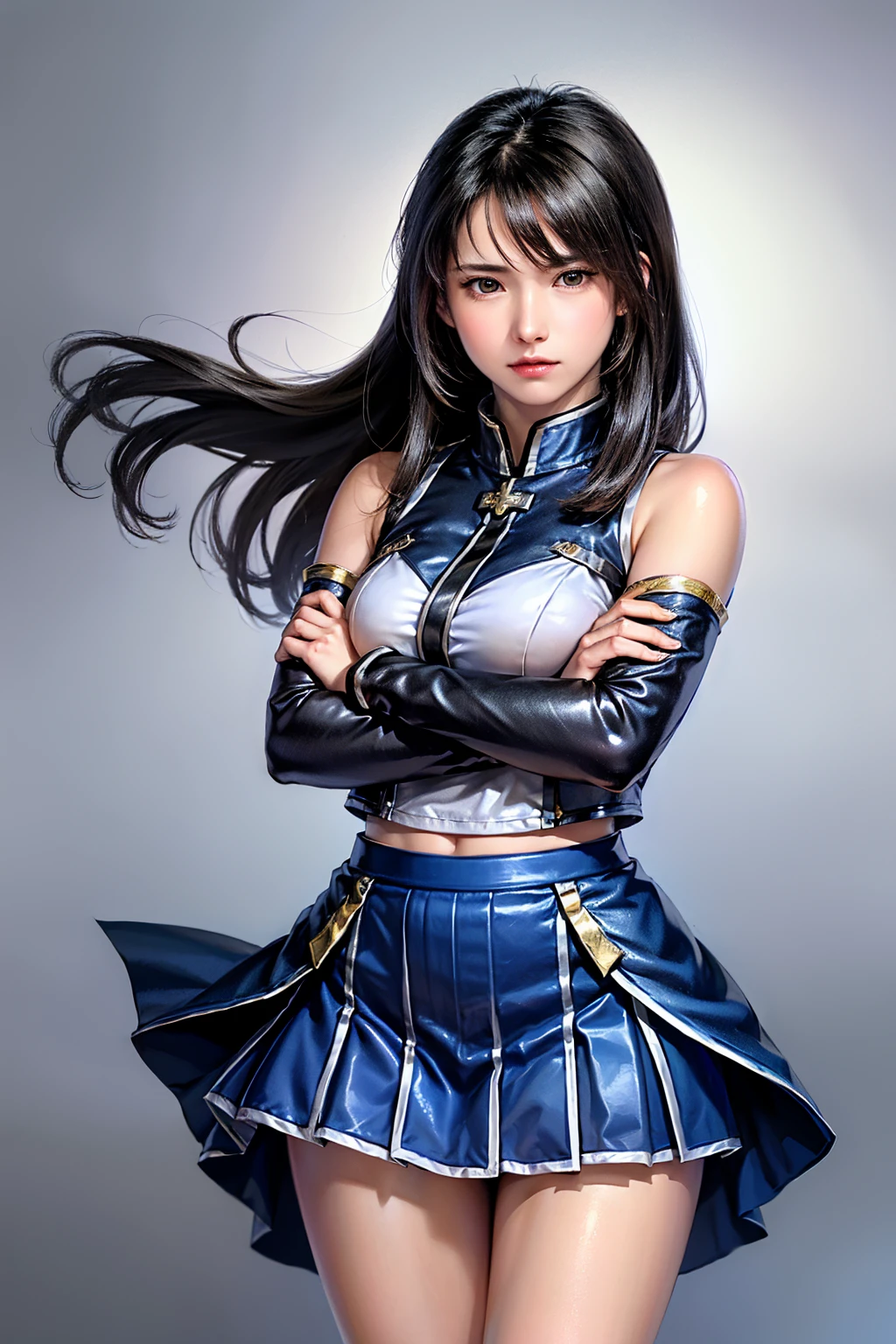 samurai girl, oriental, korean, dark black hair,(Straight hair or ponytail), k pop idol, Detailed, 1 girl, beautiful, ((Thin laughter)), 8k, artwork, Hyper realistic, wallpapers, ((Ultra mini skirt)), samurai armor, (Standing), rise, open legs, Pantie, panties appearing, ((white pantie)), up skirt, cameltoe, thong, pantyshot, (((Light blue lighting))), ((showing panties))
