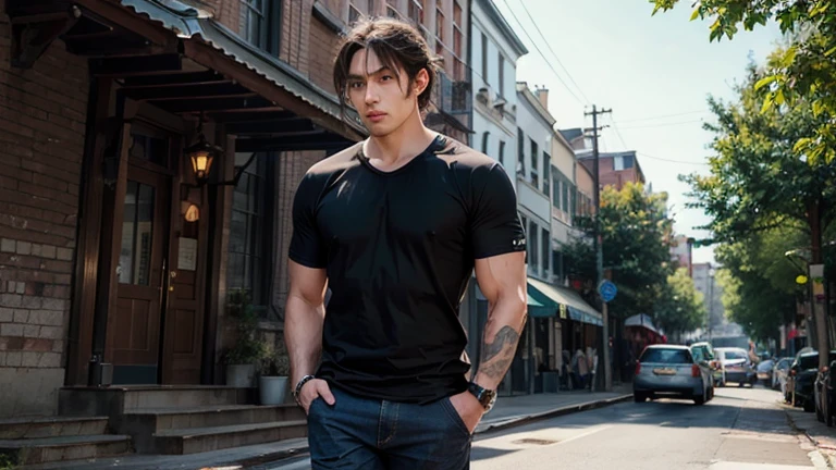 in front of your beautiful and big mansion, He is a man with Japanese characteristics, Name: I suggest something like "Kazuki",Age: He may be 23 years old, young and full of energy. Physical Description: - Height: Kazuki is 1.75m, an average height,Hair color: He has black, straight, cropped hair spike hair,Eye color: His eyes are dark brown, expressive and curious,Body type: Slim and agile, with well-defined muscles,A small scar on the right cheek,Dressing Style: - Kazuki likes contemporary style and urban style (Streetwear) clothes, Realistic