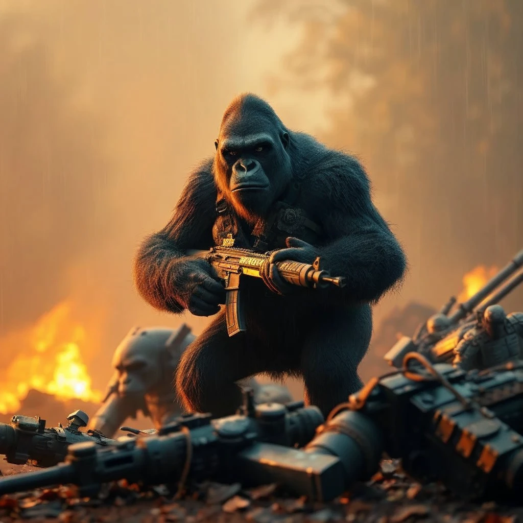 cinematic still, gorillas, mouth open, in camo uniform shooting gatling gun, in jungle <lora:Dressed animals:1>