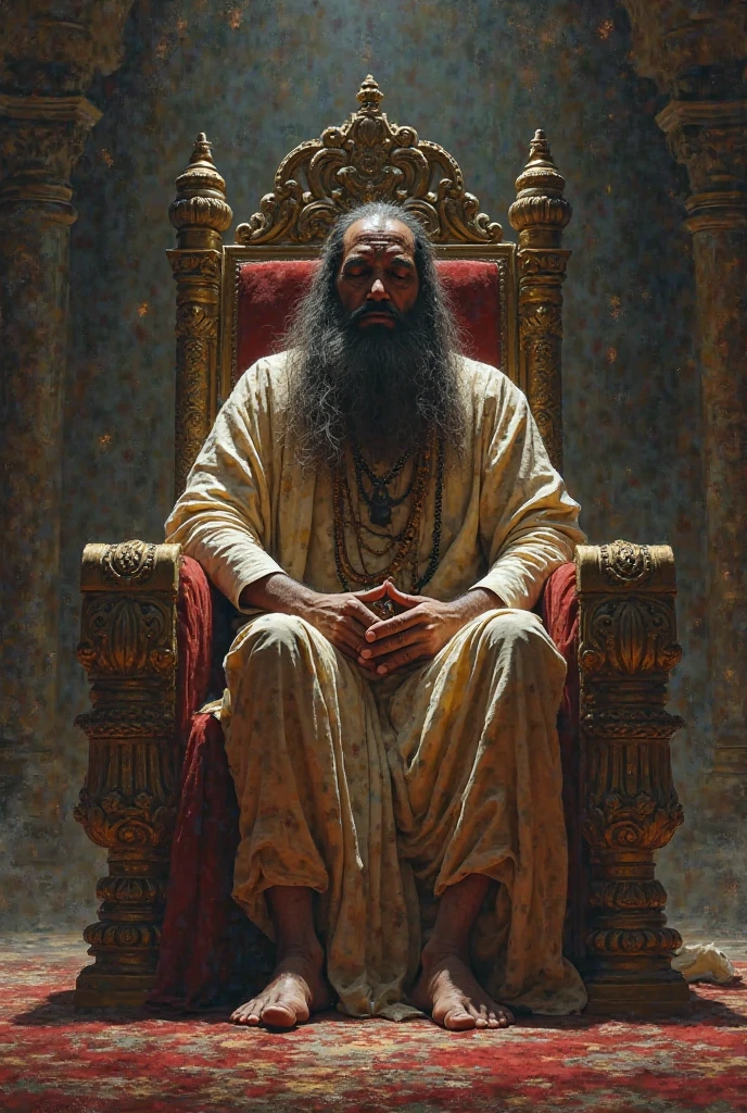 In ancient Islamic times, a man with a strong body. He has a turban. He sits with confidence, tall and majestic, intimidating the enemy. He places his hands on both feet. The clothes define the strength of his body. White. He is sitting on the throne of the Caliphate. A luxurious, luxurious throne. Behind the throne is a long and huge sword hanging on the wall behind the throne. High-quality, realistic facial features.
