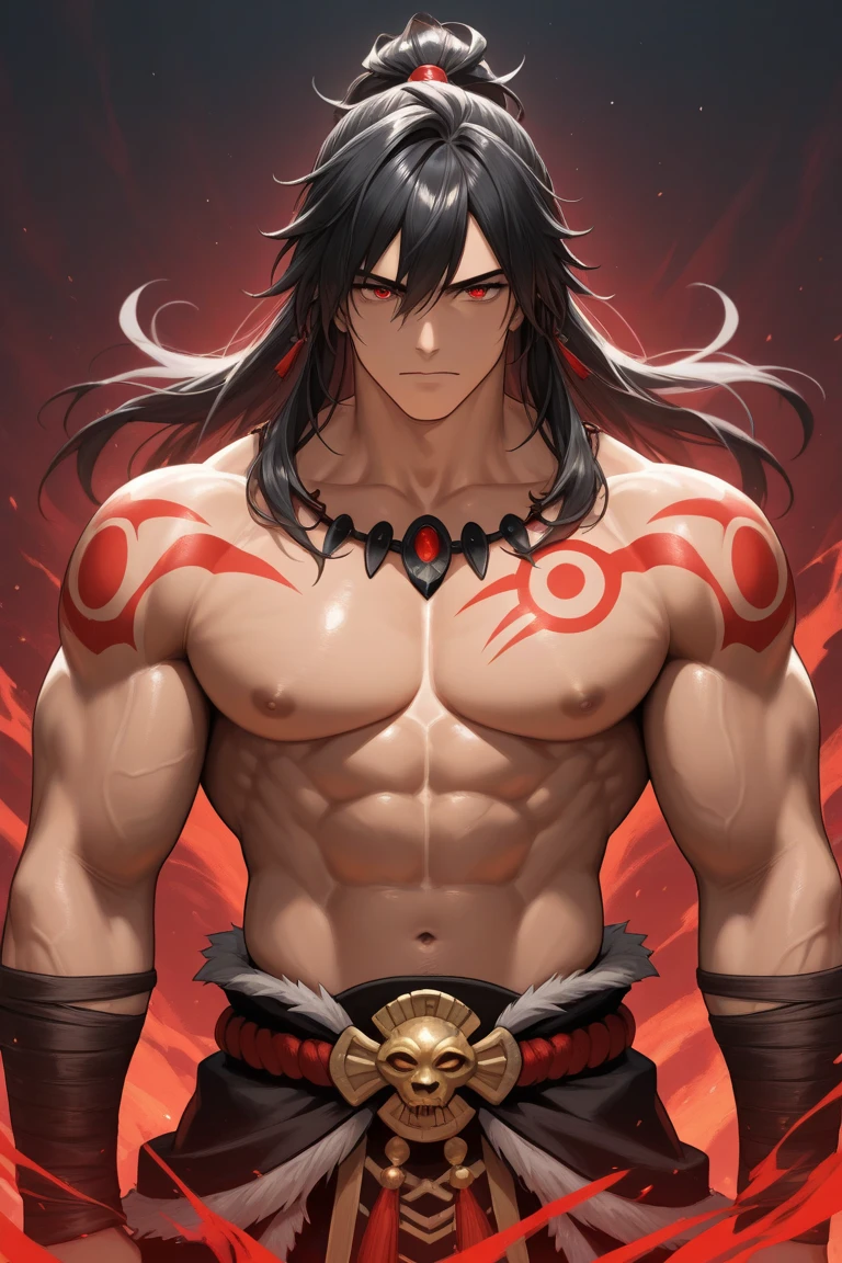 General appearance:人物: Warrior with a defined body, but not overly muscular.body hair: body hair branco, disordered and spiky, with an ethereal effect.eyeballs: eyeballs vermelhos intensos, bright and penetrating.Clothing and Equipment:tenue: Torn and frayed clothes, in dark tones (black or gray), with fabric bands tied in a functional and decorative way.canons: Magnificent katana with gleaming blade and intricate details on the hilt and guard.Scenario:enviroment: dark and mystical atmosphere, with elements of smoke or fog.Lighting: dramatic, highlighting the warrior against a dark background.Additional Features:Aura: Presence of an aura of energy or power around.Facial expression: Serious and resolute, reflecting determination and experience.