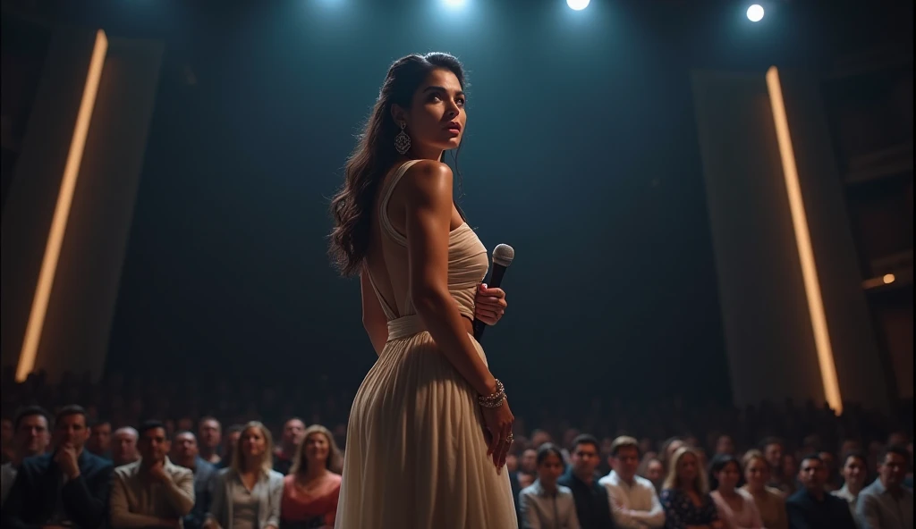 A hyper-realistic picture of a large auditorium with red walls, where all the spectators are dressed in black formal attire. The lady performing on the stage is wearing a white gown.