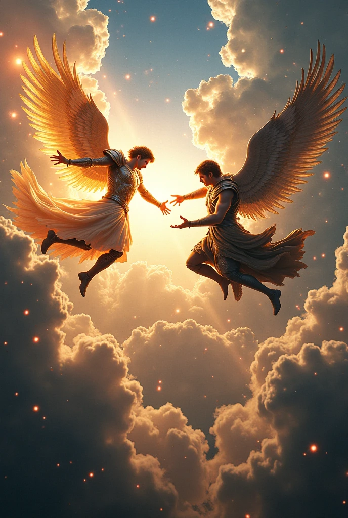 I want a landscape with two children, but they are both men flying with wings and entering a portal
