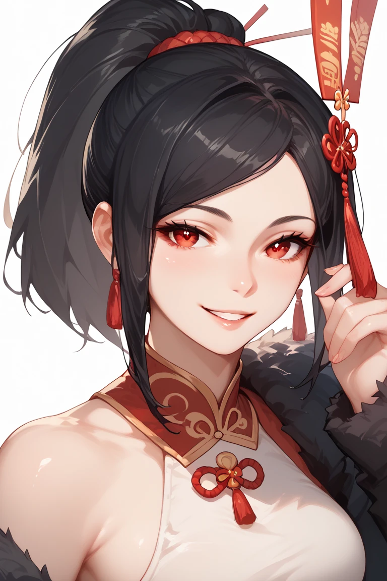 Mature women,Black long hair,Hair up,Red Hanfu,Showing cleavage,Show your shoulders,Beautiful black eyes,Extremely detailed,high resolution,Simple background
