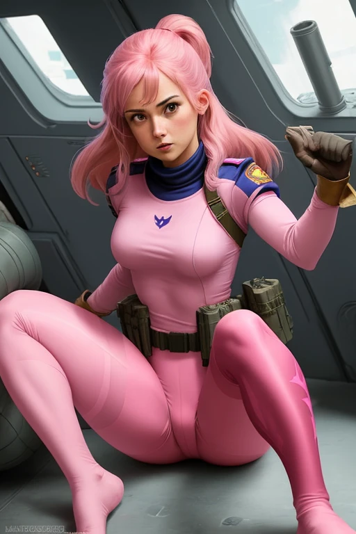 (best quality), (artwork), (detailded), (Real), A beautiful woman, 19yearsold, pink chanel hair, blue colored eyes, cosplay jedi, showing body, exposed vagina, legs spread open, posing sexy, holding a purple lightsaber, cinematic lighting, in a room decorated with a gamer theme