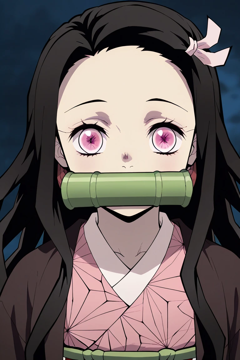 masterpiece, (pink kimono), seductive face, good lighting, cleavage, fine detail, masterpiece, glowing eyes, 1girl, black hair, sucking, nezuko kamado, wisteria background, masterpiece, best quality, pov,,