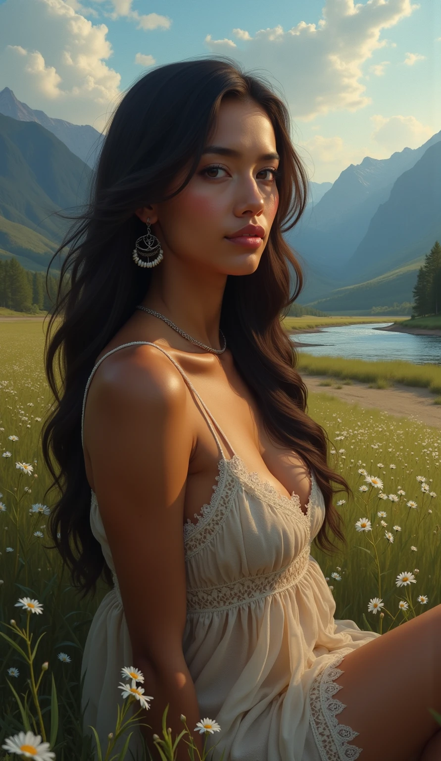 Four 12-year-old high school girls, very long straight hair, like rapunzel,little princess face,innocent, tender, totally naked without clothes,with stethoscope on neck,perfect erect nipples,huge breasts very large very exuberant extraordinarily grandly disproportionate super colossal ultra mega prominent, Thin waist, tall and slender figure,long and shapely legs,barefoot,whole body, costs,field of flowers, green grass, Mountain, dream landscape,ultra high definition, realist, vivid colors, muy detailed, uhd drawing, pen and ink, perfect composition, beautiful, detailed, Intricate, increíblemente detailed, Octane rendering, trend in artstation, 8k art photography, photorealist concept art, Soft natural volumetric cinematic perfect light