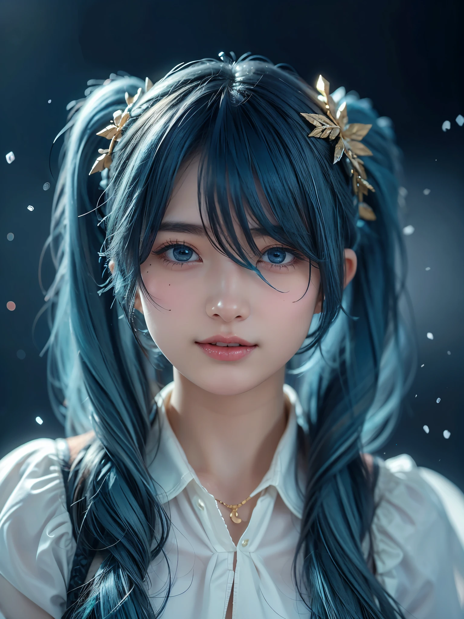 1girl , alone, (cute Japanese girl), 18yo, Young female, slim body, (skinny smile), Looking at camera, crystallineAI,
BREAK
upper body (portrait:1.2), Seductive pose, dynamic pose, dynamic angle,
break
Professional photo-realistic images, (16k, RAW photo, best quality, masterpiece:1.2), (realistic, photo-realistic:1.4), (extremely detailed 8k wallpaper), sharp focus, depth of field, blur background, bokeh, cinematic lighting, soft light, High resolution 16k close-up of human skin,
BREAK
(sagging breasts:1.3),
BREAK
Hatsune Miku,
break
absurdly long hair, (blue hair:1.5), (((twin tails, hair ornament))), sidelocks, (hair between eyes:1.75), parted bangs, (aqua eyes:1.3),
BREAK
blue gloves, book, white headwear, musical note hair accessory, gloves, beret, musical note, capelet, white capelet, braided, snow flake print, white dress, fur trim, fur-trimmed capelet, treble clef, gold trim, dress,
BREAK
A world covered in silver, branches covered in snow, cold winter, snowflakes dancing like fairies, turning the world into a silver fairy tale, cold, quiet and beautiful snowy scenery,