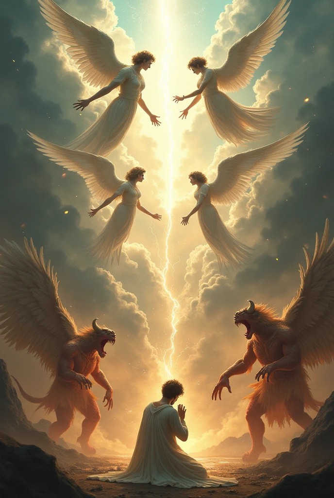 an artistic book cover for a fantasy world, with a christian theme with the cross, the title on the book is "In The Shadows Of The Almighty", add pictures of angels fighting demons and everything else as a background.