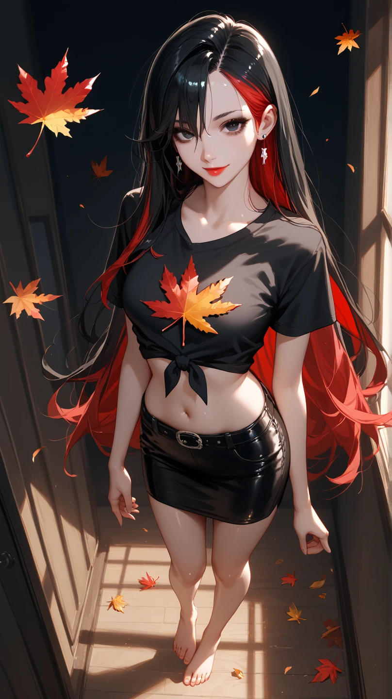 dynamic illustration of red yellow maple leaves drifting falling, Silhouette Art of a dancing girl, leaves floating in the air, strong wind effect, octane render, enhance, intricate, (best quality, masterpiece, Representative work, official art, Professional, unity 8k wallpaper:1.3), (Motion Blur), (best composition)