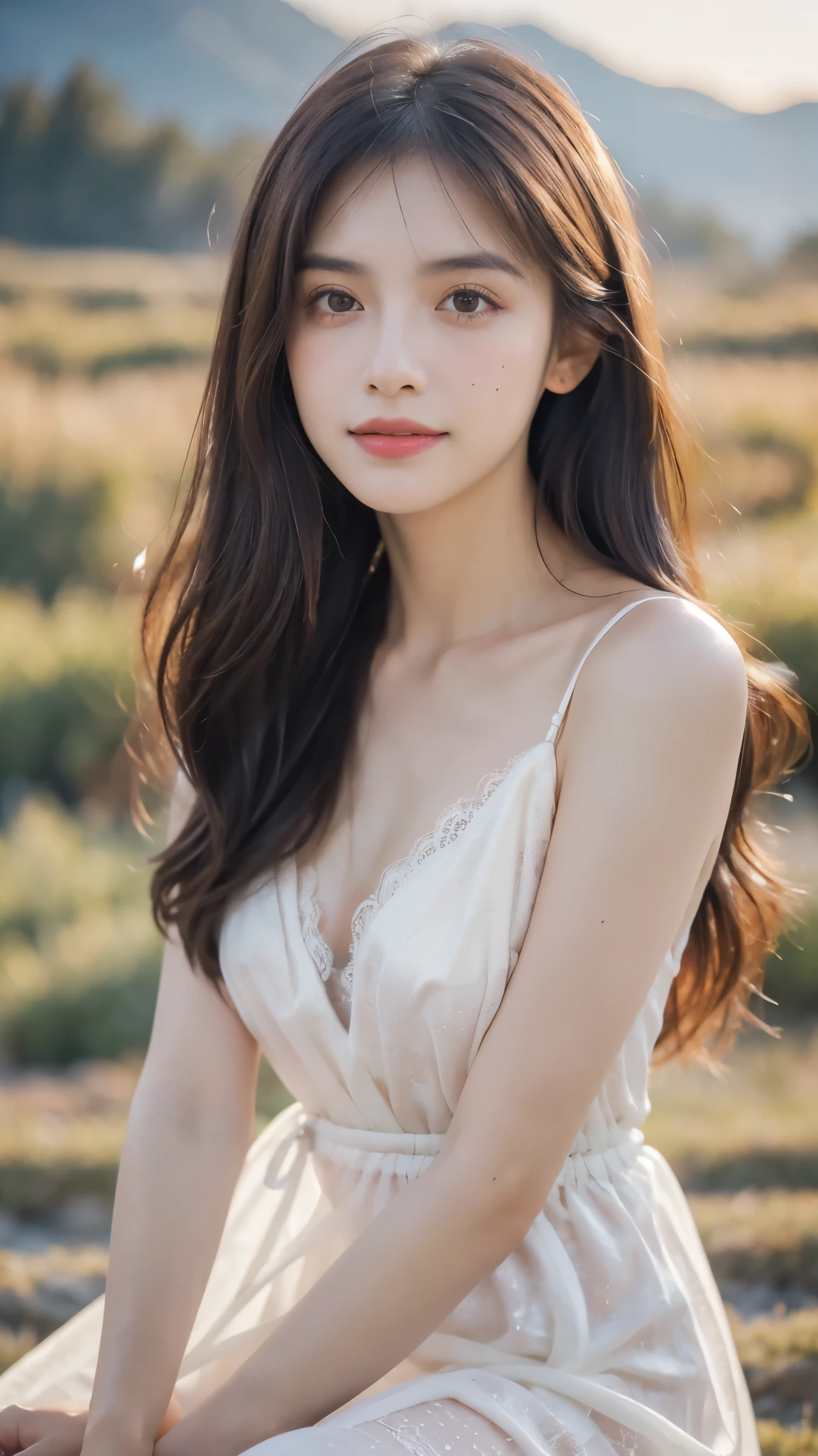 masterpiece、Highest quality, Ultra-high resolution、8k,photograph、1 person, (Skin dents), {{Large Breasts:1.5}}, bright, Blurred Background, (Asymmetrical bangs, Please comb your hair、very long wavy hair:1.5), (Floating Hair:1.0)、(Gathered camisole that fits snugly around the chest)、(Light lavender gathered camisole)、soft, drooping udder、Heterochromia iridis、sad、grassland、Spring Sky、Soft sunlight