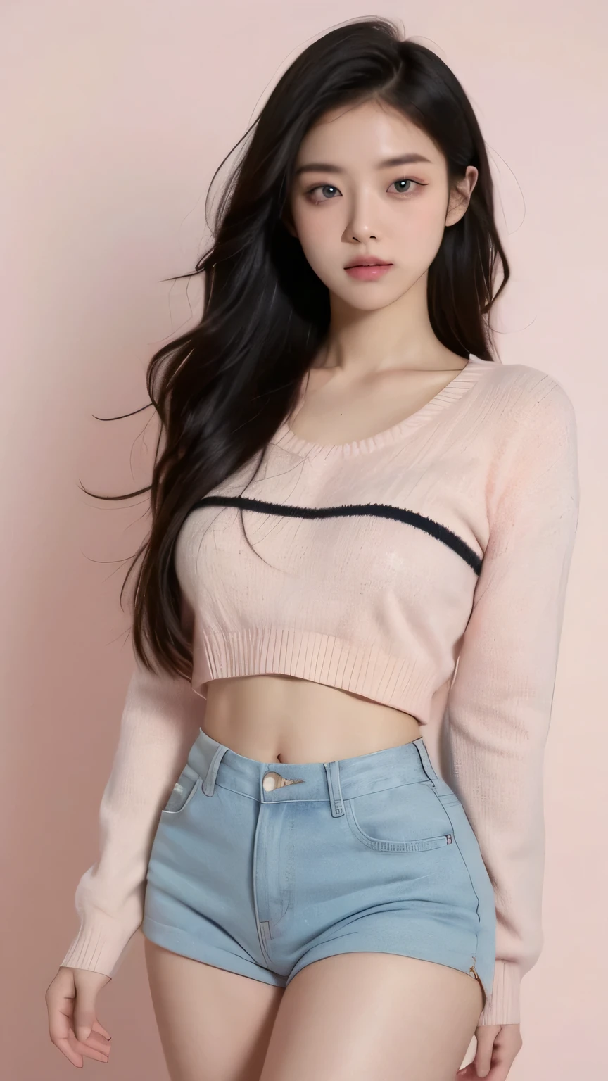 (best quality, ultra-detailed, 8k, uhd:1.2), best quality, perfect body, curvceous, slim waist, thick thighs, minimalist painting by frank frazetta with oil pastels, wearing a colorful retro pastel stripe sweater, minimalist monochromatic portraits on pink background, sweet painting with smooth finish