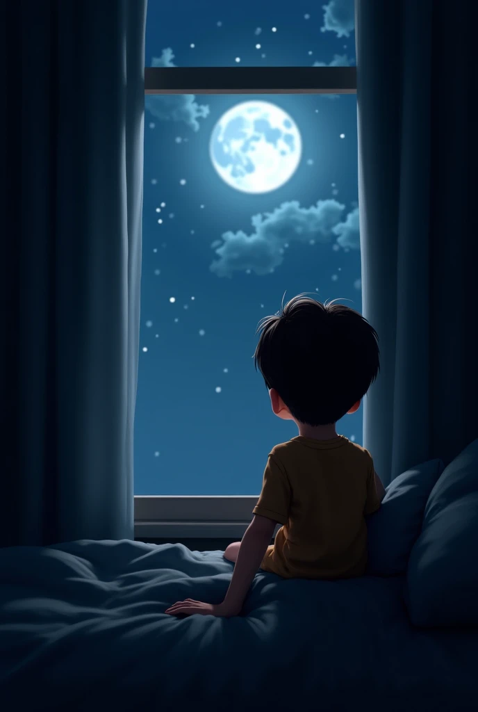 A boy who is listening a music in the middle of the night. There a a window and in the window has a moon with full moon bright.
A normal window. A middle class family boy. Boy =