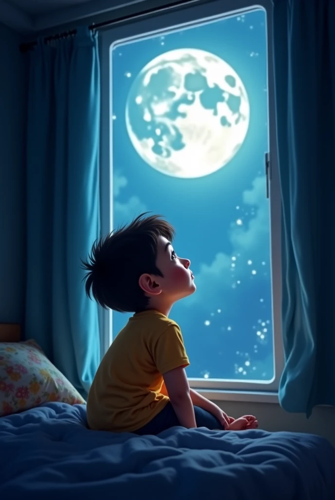 Depict a child (boy) sitting on his bed, looking out the window at the moon with his eyes open, reflecting the moon, making a wish. The moon’s light could be shown entering the room, filling it with a soft glow. Make this a children's book art style. The lighting must be soft. Similar to a watercolor style painting.