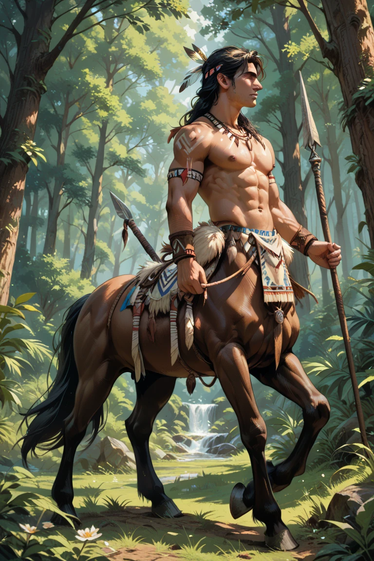 There is on adult character on this picture. The character is a slender anthropomorphic male brown horse, brown fur, slender character, slender, barefoot, digitigrade, hooves, horse tail. The character is dressed as a native american. Native american clothes. The character is wearing a loincloth. Male bare chest, bare chested male, topless male, black nipples, black areolas, visible black balls behind the loincloth, black balls, visible black testicles behind the loincloth, black testicles, visible black penis behind the loincloth, black penis, ass, butt, nsfw. The scene takes place on a valley, with pine trees, and a river passing by at the distance. Sunset. Warm light. Warm atmosphere. Fullbody. Full body.