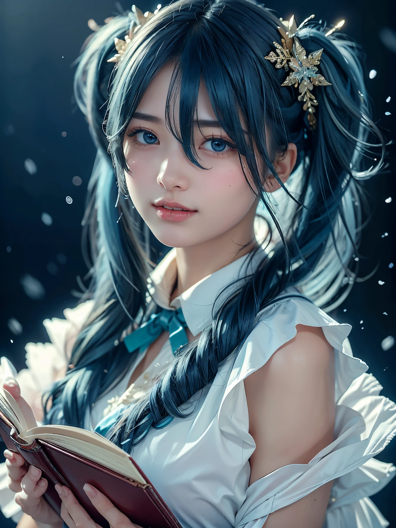 1girl  , alone, (cute Japanese girl), 18yo, Young female, slim body, (skinny smile), Looking at camera, crystallineAI,
BREAK
upper body (portrait:1.2), Seductive pose, dynamic pose, dynamic angle,
break
Professional photo-realistic images, (16k, RAW photo, best quality, masterpiece:1.2), (realistic, photo-realistic:1.4), (extremely detailed 8k wallpaper), sharp focus, depth of field, blur background, bokeh, cinematic lighting, soft light, High resolution 16k close-up of human skin,
BREAK
(sagging breasts:1.3), 
BREAK
Hatsune Miku,
break
absurdly long hair, (blue hair:1.5), (((twin tails, hair ornament))), sidelocks, (hair between eyes:1.75), parted bangs, (aqua eyes:1.3),
BREAK
blue gloves, book, white headwear, musical note hair accessory, gloves, beret, musical note, capelet, white capelet, braided, snow flake print, white dress, fur trim, fur-trimmed capelet, treble clef, gold trim, dress,
BREAK
A world covered in silver, branches covered in snow, cold winter, snowflakes dancing like fairies, turning the world into a silver fairy tale, cold, quiet and beautiful snowy scenery,