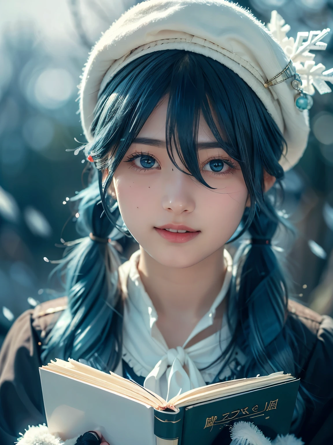 1girl , alone, (cute Japanese girl), 18yo, Young female, slim body, (skinny smile), Looking at camera, crystallineAI,
BREAK
upper body (portrait:1.2), Seductive pose, dynamic pose, dynamic angle,
break
Professional photo-realistic images, (16k, RAW photo, best quality, masterpiece:1.2), (realistic, photo-realistic:1.4), (extremely detailed 8k wallpaper), sharp focus, depth of field, blur background, bokeh, cinematic lighting, soft light, High resolution 16k close-up of human skin,
BREAK
(sagging breasts:1.3),
BREAK
Hatsune Miku,
break
absurdly long hair, (blue hair:1.5), (((twin tails, hair ornament))), sidelocks, (hair between eyes:1.75), parted bangs, (aqua eyes:1.3),
BREAK
blue gloves, book, white headwear, musical note hair accessory, gloves, beret, musical note, capelet, white capelet, braided, snow flake print, white dress, fur trim, fur-trimmed capelet, treble clef, gold trim, dress,
BREAK
A world covered in silver, branches covered in snow, cold winter, snowflakes dancing like fairies, turning the world into a silver fairy tale, cold, quiet and beautiful snowy scenery,